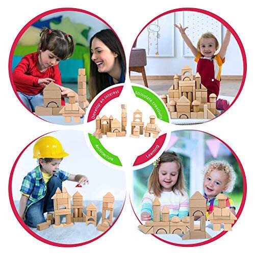Wooden Building Blocks Set for Kids - Stacker Stacking Game Construction Toys Set Preschool Colorful Learning Educational Toys - Geometry Wooden Blocks for 3+ Year Old Boys & Girls - 5