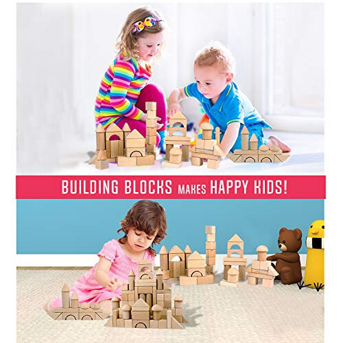 Wooden Building Blocks Set for Kids - Stacker Stacking Game Construction Toys Set Preschool Colorful Learning Educational Toys - Geometry Wooden Blocks for 3+ Year Old Boys & Girls - 4