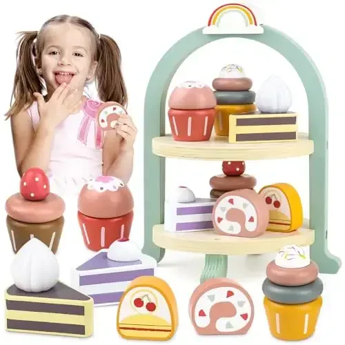 Wooden Cake Toys Tea Party Set, Desserts Food Toy with Cupcake Stand, Kids Pretend Play Kitchen Accessories, Wooden Play Food Set Toy Baking Gift for 3 4 5 Years Old Girls Boys 
