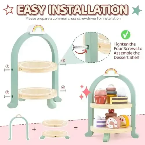 Wooden Cake Toys Tea Party Set, Desserts Food Toy with Cupcake Stand, Kids Pretend Play Kitchen Accessories, Wooden Play Food Set Toy Baking Gift for 3 4 5 Years Old Girls Boys - 7