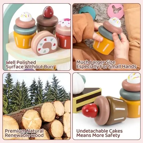 Wooden Cake Toys Tea Party Set, Desserts Food Toy with Cupcake Stand, Kids Pretend Play Kitchen Accessories, Wooden Play Food Set Toy Baking Gift for 3 4 5 Years Old Girls Boys - 3