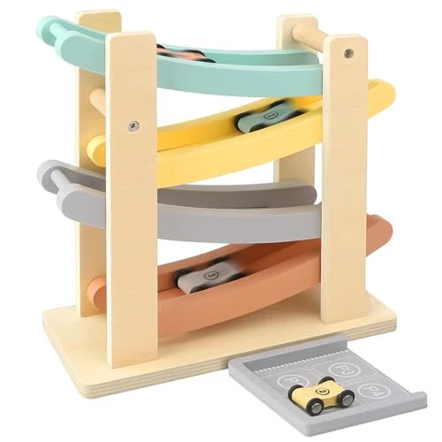 Wooden Car Ramp Toy, 4 Level Toddler Car Ramp Race Track Set with 4 Mini Cars for Toddlers Boys Girls, Montessori Car Race Tracks Toys for Toddlers 2-4 Years - Joyreal
