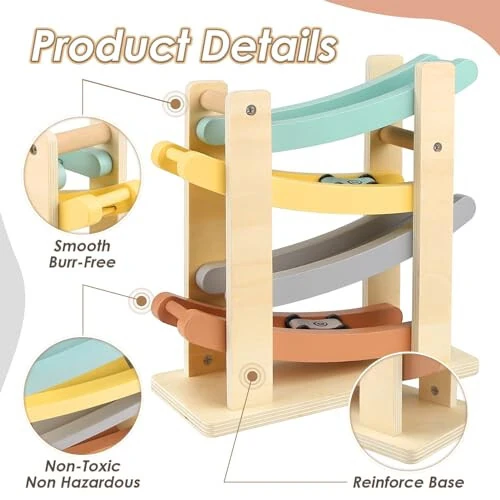 Wooden Car Ramp Toy, 4 Level Toddler Car Ramp Race Track Set with 4 Mini Cars for Toddlers Boys Girls, Montessori Car Race Tracks Toys for Toddlers 2-4 Years - 3