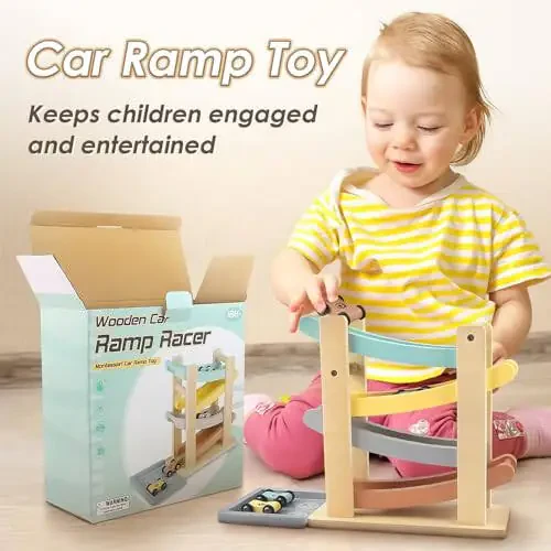 Wooden Car Ramp Toy, 4 Level Toddler Car Ramp Race Track Set with 4 Mini Cars for Toddlers Boys Girls, Montessori Car Race Tracks Toys for Toddlers 2-4 Years - 4
