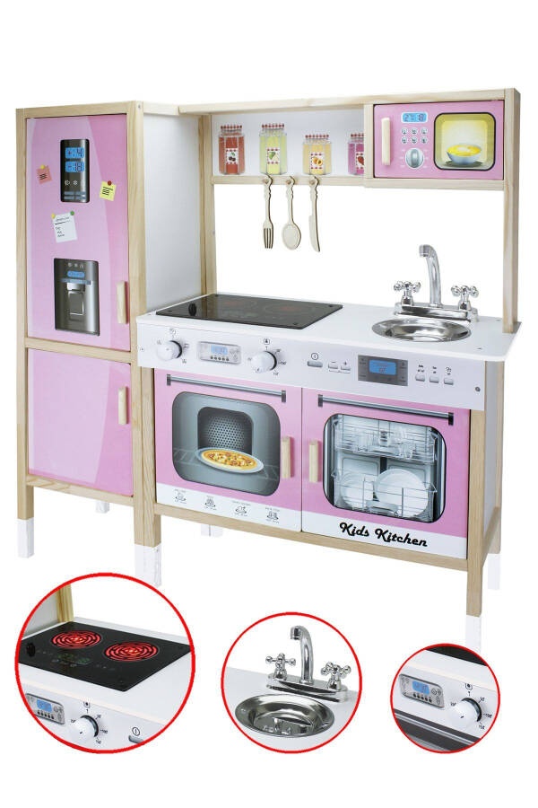 Wooden Children's Kitchen Set with Refrigerator and Led Illuminated Stove - 7