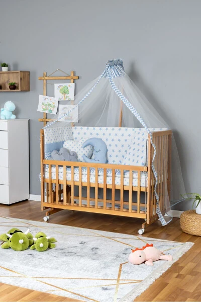 Wooden Crib Co-sleeper Crib Varnished 70x130 - Blue Star 3 Cushioned Sleeping Set + Mattress + Wheels - BAMGIDOO