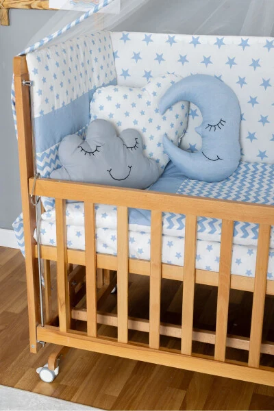 Wooden Crib Co-sleeper Crib Varnished 70x130 - Blue Star 3 Cushioned Sleeping Set + Mattress + Wheels - BAMGIDOO (1)