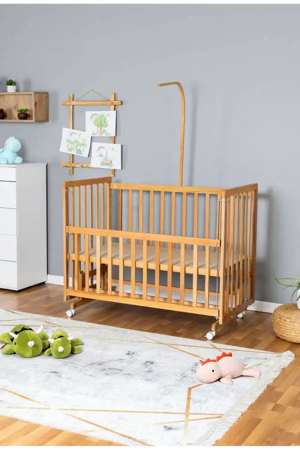 Wooden Crib Co-sleeper Crib Varnished 70x130 - Blue Star 3 Cushioned Sleeping Set + Mattress + Wheels - 5