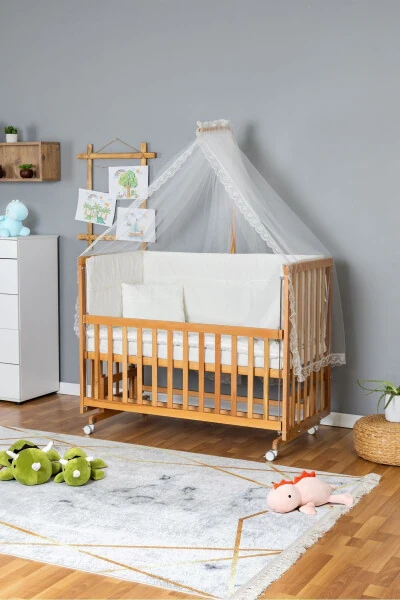 Wooden Crib Co-sleeper Crib Varnished 70x130 - Cream Guipure Sleep Set + Mattress + Wheels - BAMGIDOO