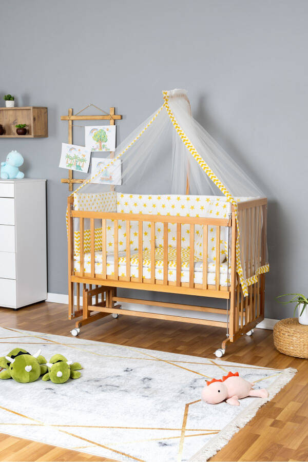 Wooden Crib Co-sleeper Crib Varnished 70x130 - Yellow Star 1 Pillow Sleep Set + Mattress + Wheels - 1
