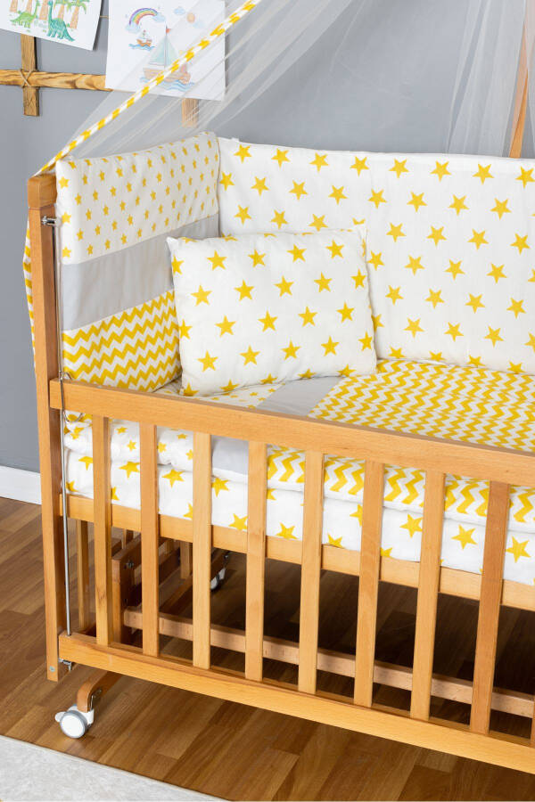 Wooden Crib Co-sleeper Crib Varnished 70x130 - Yellow Star 1 Pillow Sleep Set + Mattress + Wheels - 2