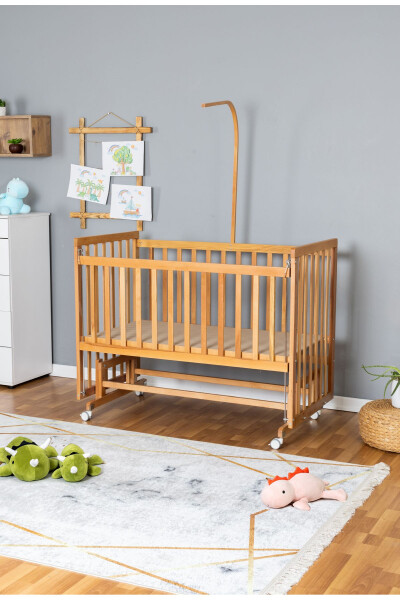 Wooden Crib Co-sleeper Crib Varnished 70x130 - Yellow Star 1 Pillow Sleep Set + Mattress + Wheels - 3