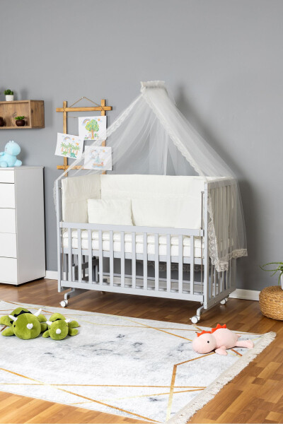 Wooden Crib Co-sleeper Grey 70x130 - Cream Guipure Sleeping Set + Mattress + Wheels - BAMGIDOO