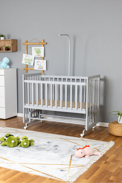 Wooden Crib Co-sleeper Grey 70x130 - Cream Guipure Sleeping Set + Mattress + Wheels - 3