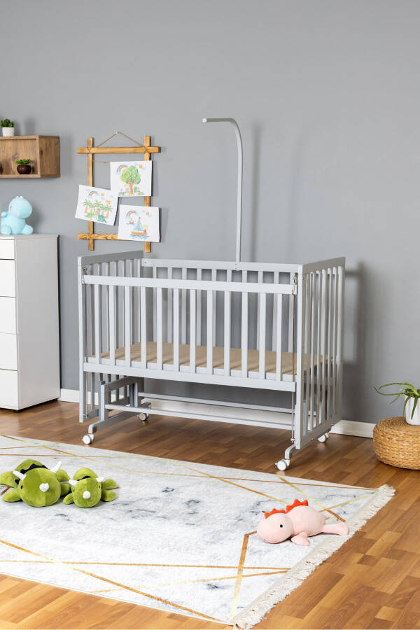 Wooden Crib Co-sleeper Grey 70x130 - Cream Guipure Sleeping Set + Mattress + Wheels - 3