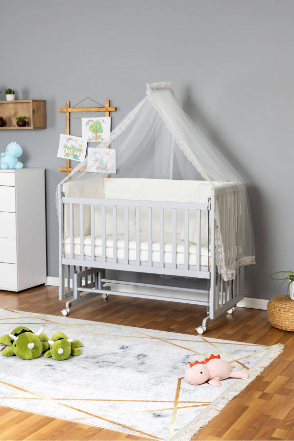 Wooden Crib Co-sleeper Grey 70x130 - Cream Guipure Sleeping Set + Mattress + Wheels - 4