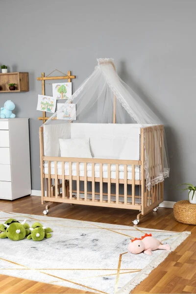 Wooden Crib Co-sleeper Organic 70x130 - White Lace Sleep Set + Mattress + Wheels - BAMGIDOO