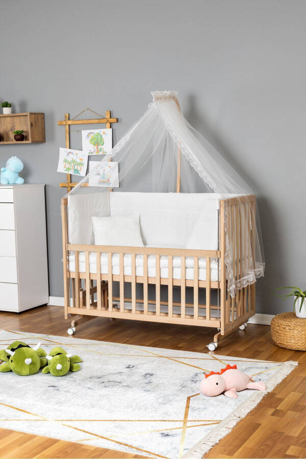 Wooden Crib Co-sleeper Organic 70x130 - White Lace Sleep Set + Mattress + Wheels - 1