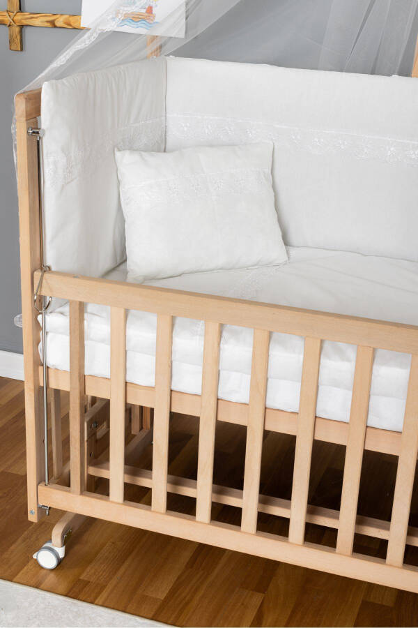 Wooden Crib Co-sleeper Organic 70x130 - White Lace Sleep Set + Mattress + Wheels - 2