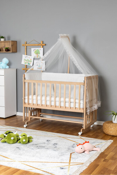 Wooden Crib Co-sleeper Organic 70x130 - White Lace Sleep Set + Mattress + Wheels - 4