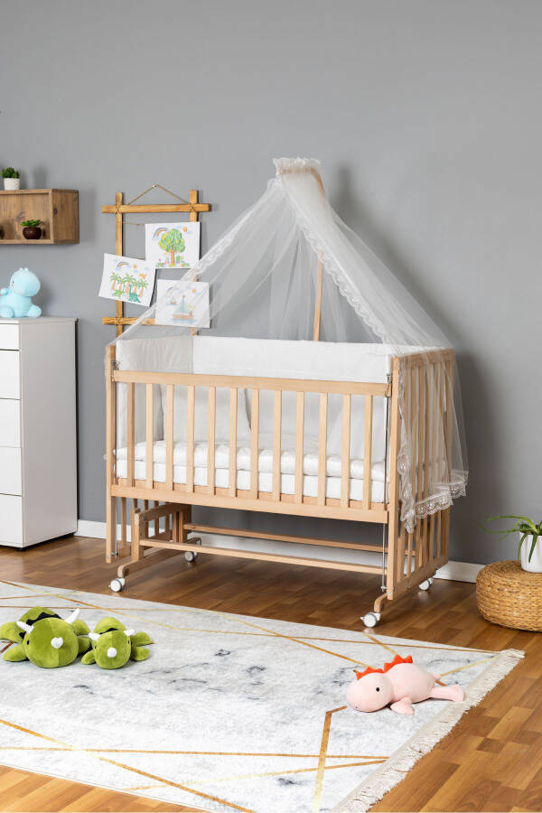 Wooden Crib Co-sleeper Organic 70x130 - White Lace Sleep Set + Mattress + Wheels - 4