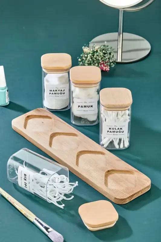 Wooden Cross Stand Mica Cotton Swab Cotton Makeup Pad Floss Organizer Storage Box - 2