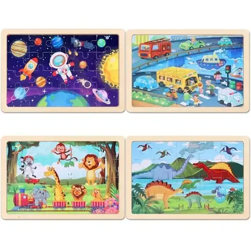 Wooden Educational Jigsaw Puzzles for Preschool Kids Ages 3-5, 4-Pack with 20 Pieces Dinosaur, Space, Transportation Wood Puzzles Set, Toddler Brain Teaser Toys, Gifts for Boys Girls Ages 3 4 5 6 - 3
