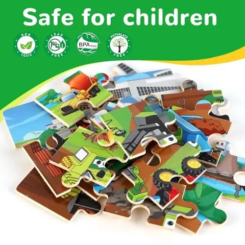 Wooden Educational Jigsaw Puzzles for Preschool Kids Ages 3-5, 4-Pack with 20 Pieces Transportation Wood Puzzles Set, Toddler Brain Teaser Toys, Preschool Gifts for Boys Girls Ages 3 4 5 6 - 4