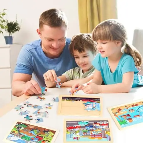 Wooden Educational Jigsaw Puzzles for Preschool Kids Ages 3-5, 4-Pack with 20 Pieces Transportation Wood Puzzles Set, Toddler Brain Teaser Toys, Preschool Gifts for Boys Girls Ages 3 4 5 6 - 6