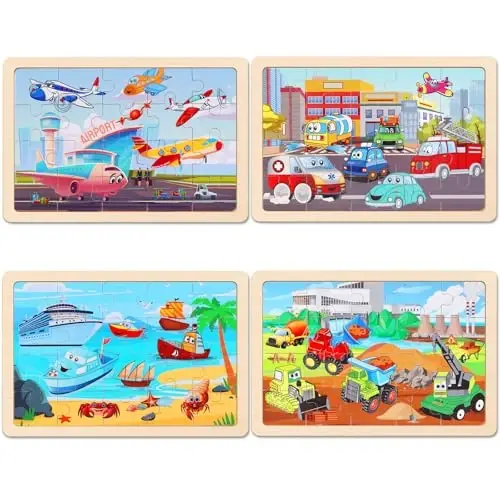 Wooden Educational Jigsaw Puzzles for Preschool Kids Ages 3-5, 4-Pack with 20 Pieces Transportation Wood Puzzles Set, Toddler Brain Teaser Toys, Preschool Gifts for Boys Girls Ages 3 4 5 6 - 3