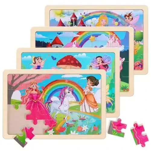 Wooden Educational Jigsaw Puzzles for Preschool Kids Ages 3-5, 4-Pack with 20 Pieces Unicorn Princess Wood Puzzles Set, Toddler Brain Teaser Toys, Preschool Gifts for Boys Girls Ages 3 4 5 6 - 1