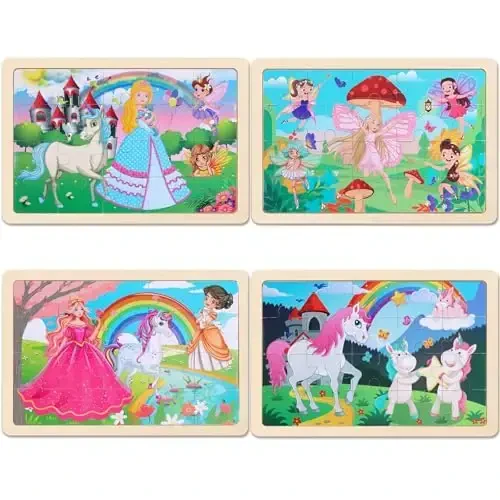 Wooden Educational Jigsaw Puzzles for Preschool Kids Ages 3-5, 4-Pack with 20 Pieces Unicorn Princess Wood Puzzles Set, Toddler Brain Teaser Toys, Preschool Gifts for Boys Girls Ages 3 4 5 6 - 3