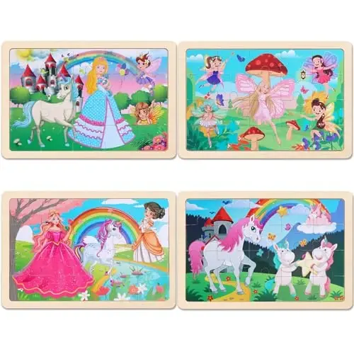 Wooden Educational Jigsaw Puzzles for Preschool Kids Ages 3-5, 4-Pack with 20 Pieces Unicorn Princess Wood Puzzles Set, Toddler Brain Teaser Toys, Preschool Gifts for Boys Girls Ages 3 4 5 6 - 3