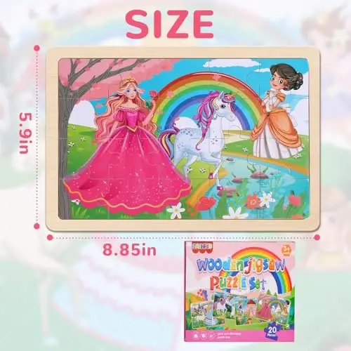 Wooden Educational Jigsaw Puzzles for Preschool Kids Ages 3-5, 4-Pack with 20 Pieces Unicorn Princess Wood Puzzles Set, Toddler Brain Teaser Toys, Preschool Gifts for Boys Girls Ages 3 4 5 6 - 5