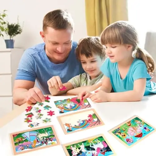 Wooden Educational Jigsaw Puzzles for Preschool Kids Ages 3-5, 4-Pack with 20 Pieces Unicorn Princess Wood Puzzles Set, Toddler Brain Teaser Toys, Preschool Gifts for Boys Girls Ages 3 4 5 6 - 6