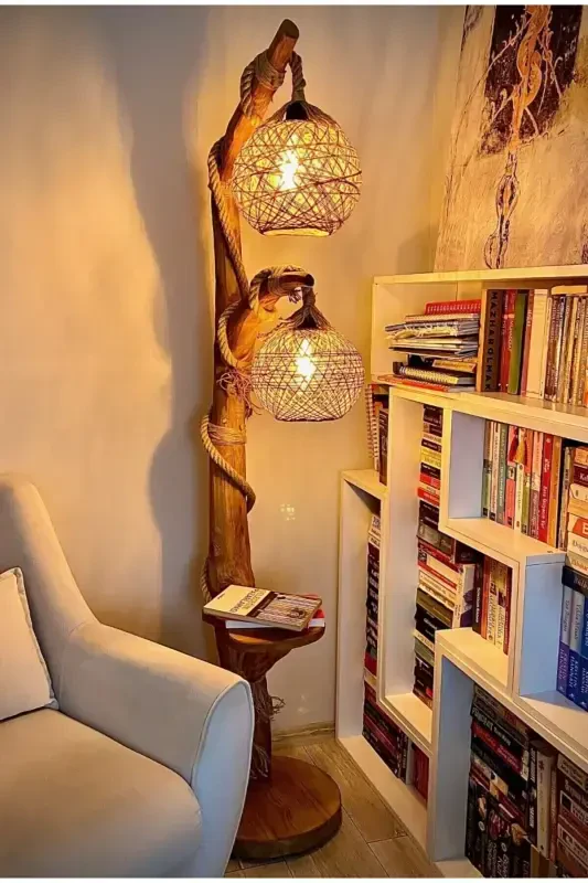 Wooden Floor Lamp 140 Cm Yalıkavak Series Natural Wooden Floor Lamp Log Corner Lighting - MENALART AĞAÇ TASARIM