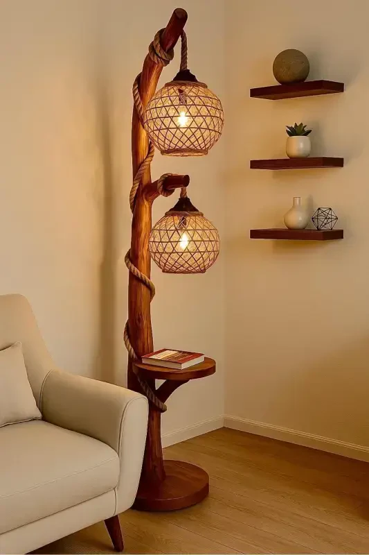Wooden Floor Lamp 140 Cm Yalıkavak Series Natural Wooden Floor Lamp Log Corner Lighting - 3