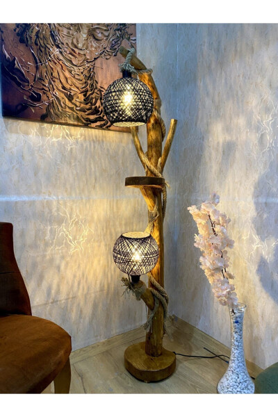 Wooden Floor Lamp 145-150 cm New Yalıkavak Series Black Gilded Lighting Natural Wood Wooden Floor Lamp - 10