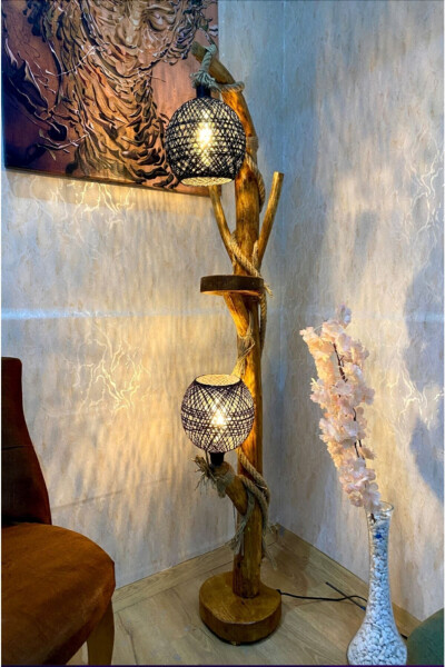 Wooden Floor Lamp 145-150 cm New Yalıkavak Series Black Gilded Lighting Natural Wood Wooden Floor Lamp - 1