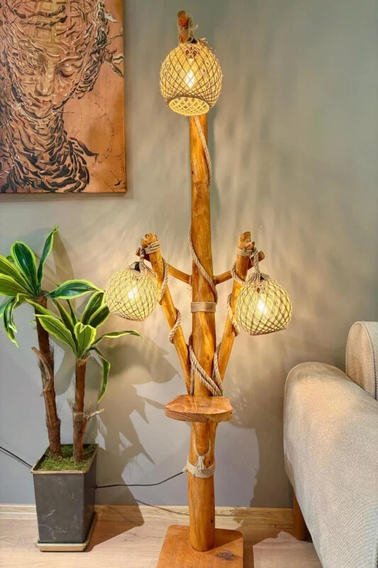 Wooden Floor Lamp 170-180 Cm Three-Headed Halicarnassus Series Natural Wood Wooden Floor Lamp - MENALART AĞAÇ TASARIM