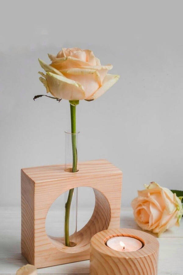 Wooden Glass Mini Vase Planter And Wooden Candle Holder 2-Piece Set - 3