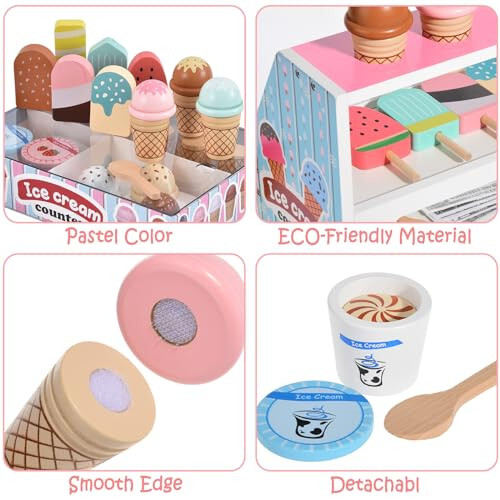 Wooden Ice Cream Toys Kids Kitchen Play Store for Toddlers Girls, Play Kitchen Accessories with Scoop & Menu & Fake Money, Wooden Toys for 3 4 5 Year Old Girls Boys Birthday - 6