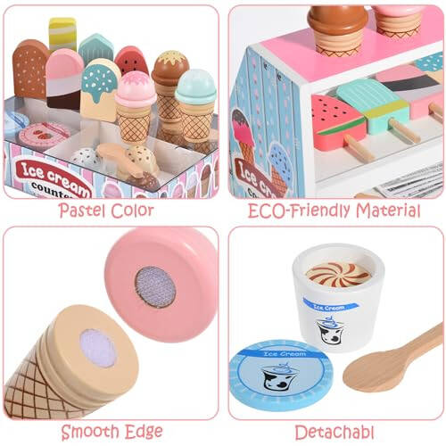 Wooden Ice Cream Toys Kids Kitchen Play Store for Toddlers Girls, Play Kitchen Accessories with Scoop & Menu & Fake Money, Wooden Toys for 3 4 5 Year Old Girls Boys Birthday - 6