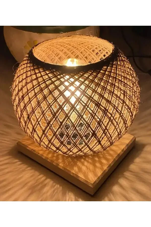 Wooden Lampshade Jute Wicker Head Lamp - 1