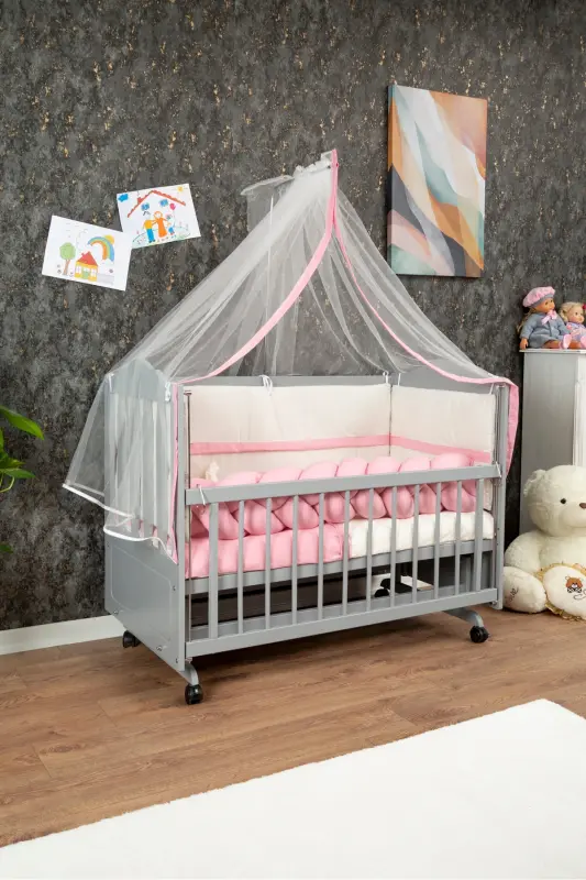 Wooden MDF Bedside Crib, 60x120 4-Level Lacquered Polished Rocking Baby Crib with Wheels - GRAY - 10