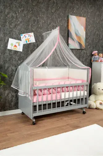 Wooden MDF Bedside Crib, 60x120 4-Level Lacquered Polished Rocking Baby Crib with Wheels - GRAY - 1