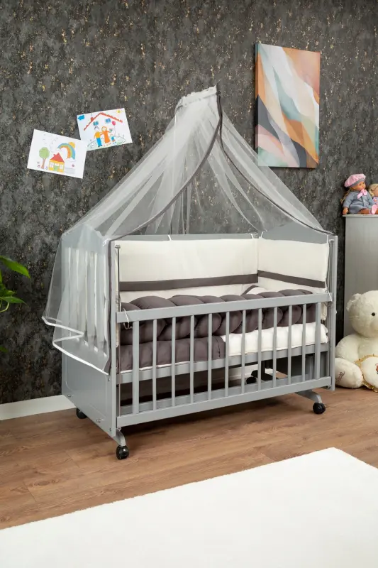 Wooden MDF Bedside Crib, 60x120 4-Level Lacquered Polished Rocking Baby Crib with Wheels - GRAY - 1