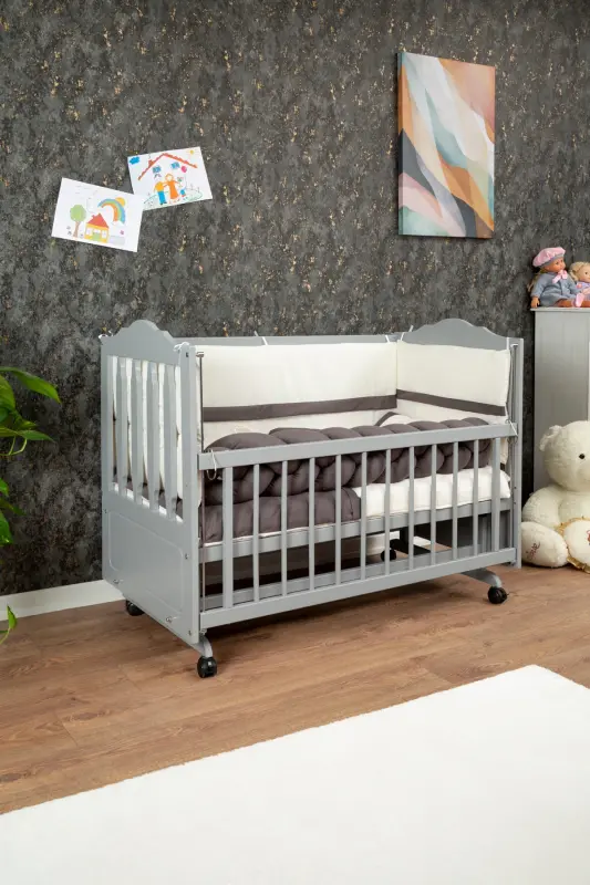 Wooden MDF Bedside Crib, 60x120 4-Level Lacquered Polished Rocking Baby Crib with Wheels - GRAY - 2