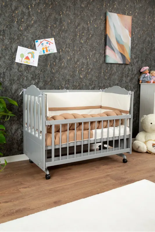 Wooden MDF Beside Crib, 60x120 4-Level Lacquered Rocking Baby Crib with Wheels - GRAY - 4