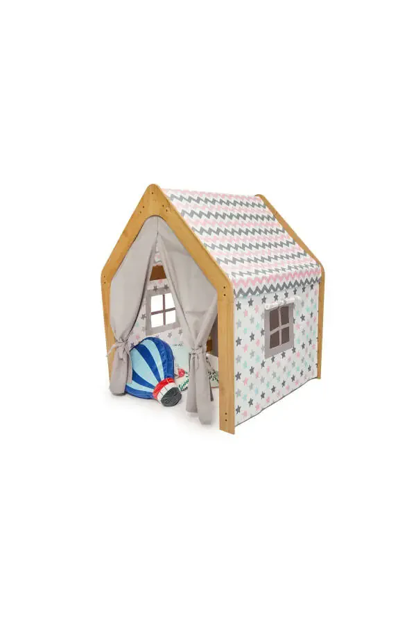 Wooden Montessori Children's Play Tent House Teepee Toy Natural Pink - 1